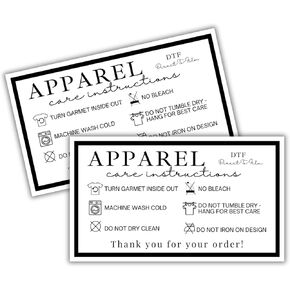 DTF Direct To Film Apparel Care Instruction Washing Cards 50pk 2x3.5" Customer Thank You Cleaning Sweatshirt T-Shirt Custom Decal Applique Printer