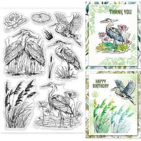 GLOBLELAND Heron Clear Stamps for Cards Making Pond Scenery Clear Stamp Seals Transparent Stamps for DIY Scrapbooking Photo Album Journal Home Decoration