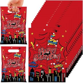 50 Pcs Happy Birthday Spider Party Favor Goodie Bags Decorations, Plastic Hero Gift Bags with Handles Red Spider Candy Bag for Gifts Wrapping and Kid’s Birthday Party Supplies, 6.7 x 9.8 Inch