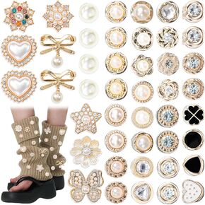 45 Pcs Charms for Socks Safety Pins Junk Sock Charms Pins, Gold Bling Jewelry Charm Brooch Accessories Shoe Charm for Sneakers Pearl Brooch Pins for Women Clothes Dress Hats