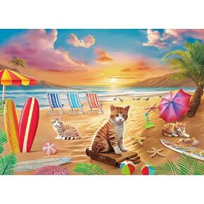 300 Piece Puzzles for Adults Large Piece - Large Jigsaw Puzzles for Kids and Seniors - Seaside Sunset and Cats