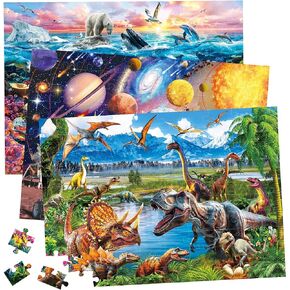 BenBen Puzzles for Kids Ages 4-6, 3 Pack 100 Pieces Puzzles for Toddlers 3-5 (Dinosaurs, Outer Space, Ocean Life), Learning & Educational Games for Kids 6-8, Toys for Boys Girls