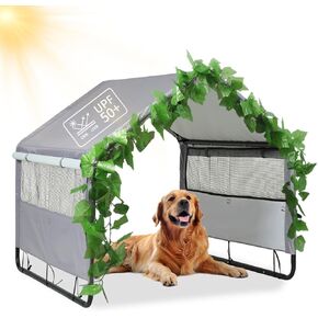 Dog Shade Shlter Outdoor, Dog House Tent for Small Large Dogs, Outside Sun Rain Canopy Pet House for Dogs/Cats, Pet Tent with Mesh Windows, 47.2 X 47.2x37.8 inches, Grey