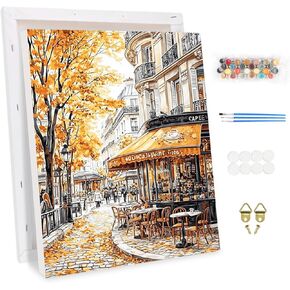 KEYIFA Paint by Numbers Kit for Adults Framed, Easy Painting Kits for Beginners, Paint on Clear Colored Canvas, Acrylic Pigment Drawing Paintwork, DIY Home Wall Decor, 12x16 in, Street Cafe