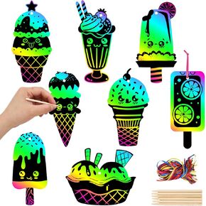 FYSUIMU 80Pcs Ice Cream Scratch Art Paper Popsicle Rainbow DIY Magic Scratch Off Cutout with 80Pcs Ribbon 40Pcs Wooden Styluses for Summer Craft Party Game