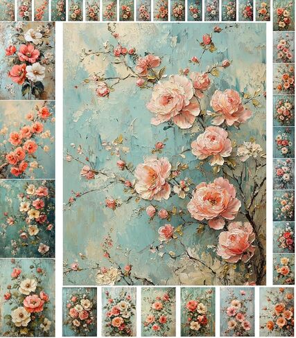 حزمة ورق decoupage (35 ورقة 6 "x8") سحر الأزهار: خوخ ناعم وزهور بيضاء تقع على خلفيات زرقاء خمر محكم ، وتثير الأناقة والحنين إلى الحنين إلى فلينز in Kuwait