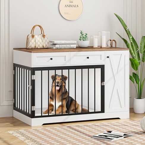 Dog Crate Furniture Kennel with Double Doors Wooden Pet House with 2 Drawers and Storage Cabinet, Indoor Dog Cage Farmhouse Modern Side End Table for Small Medium Dogs, White in Saudi Arabia