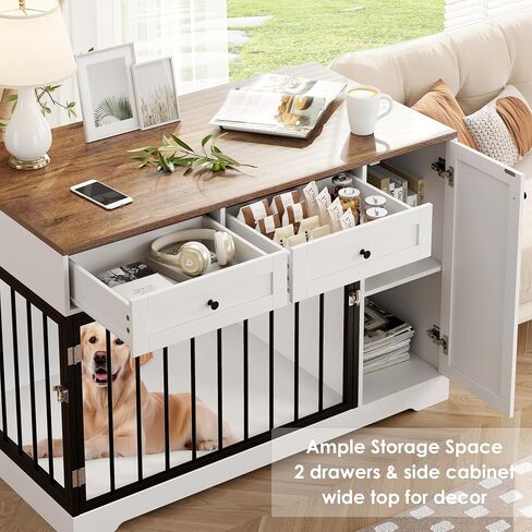 Dog Crate Furniture Kennel with Double Doors Wooden Pet House with 2 Drawers and Storage Cabinet, Indoor Dog Cage Farmhouse Modern Side End Table for Small Medium Dogs, White in Saudi Arabia