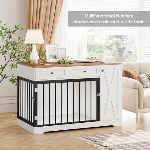 Dog Crate Furniture Kennel with Double Doors Wooden Pet House with 2 Drawers and Storage Cabinet, Indoor Dog Cage Farmhouse Modern Side End Table for Small Medium Dogs, White in Saudi Arabia