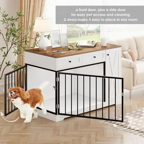 Dog Crate Furniture Kennel with Double Doors Wooden Pet House with 2 Drawers and Storage Cabinet, Indoor Dog Cage Farmhouse Modern Side End Table for Small Medium Dogs, White in Saudi Arabia