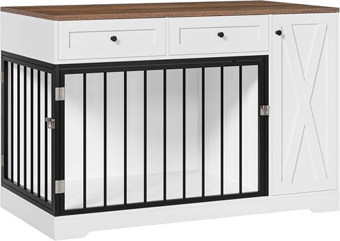 Dog Crate Furniture Kennel with Double Doors Wooden Pet House with 2 Drawers and Storage Cabinet, Indoor Dog Cage Farmhouse Modern Side End Table for Small Medium Dogs, White in Saudi Arabia