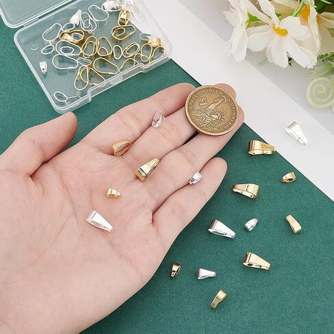 PH PandaHall 60pcs Pendant Clasp 24K Gold and Sterling Silver Plated Charm Connectors 3 Size Golden Pinch Bails Brass Necklace Charm Clasp Jewelry Clasps Snap on Bails for Jewelry Making in Saudi Arabia
