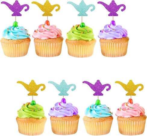 24pcs Genie Lamp Cupcake Toppers ، Lamp Sign Cupcake Toppers ، Gold Glitter Lamp Silhouette Cupcake يختار لاستشمى الطفل ، Magic Genie Lamp تحت عنوان حفلة عيد ميلاد تحت عنوان in Saudi Arabia