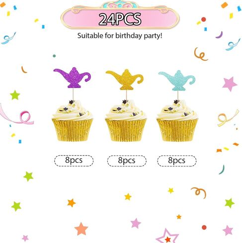 24pcs Genie Lamp Cupcake Toppers ، Lamp Sign Cupcake Toppers ، Gold Glitter Lamp Silhouette Cupcake يختار لاستشمى الطفل ، Magic Genie Lamp تحت عنوان حفلة عيد ميلاد تحت عنوان in Saudi Arabia