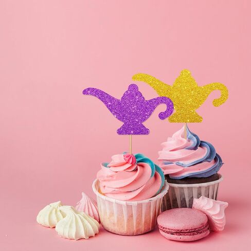 24pcs Genie Lamp Cupcake Toppers ، Lamp Sign Cupcake Toppers ، Gold Glitter Lamp Silhouette Cupcake يختار لاستشمى الطفل ، Magic Genie Lamp تحت عنوان حفلة عيد ميلاد تحت عنوان in Saudi Arabia