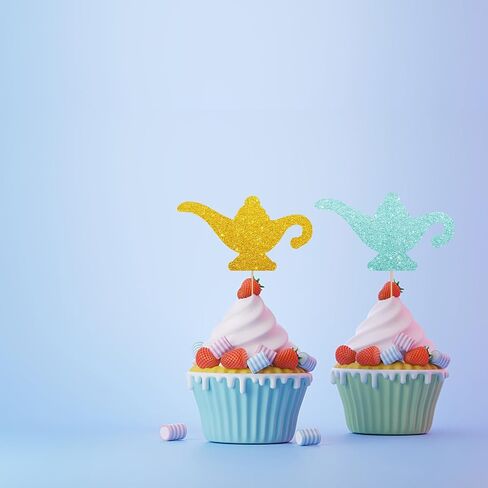 24pcs Genie Lamp Cupcake Toppers ، Lamp Sign Cupcake Toppers ، Gold Glitter Lamp Silhouette Cupcake يختار لاستشمى الطفل ، Magic Genie Lamp تحت عنوان حفلة عيد ميلاد تحت عنوان in Saudi Arabia