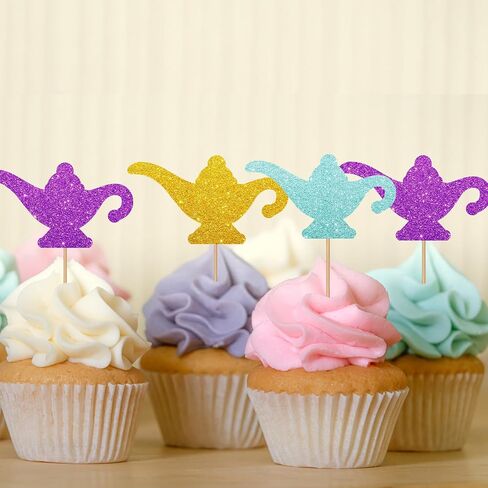 24pcs Genie Lamp Cupcake Toppers ، Lamp Sign Cupcake Toppers ، Gold Glitter Lamp Silhouette Cupcake يختار لاستشمى الطفل ، Magic Genie Lamp تحت عنوان حفلة عيد ميلاد تحت عنوان in Saudi Arabia