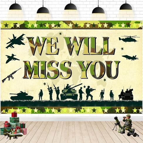 Memorial Day Banner Army Patriotic Soldier We Will Miss You Backdrop Camo Banner American Flag Military Retirement Army Going Away Party Decoration Welcome Home Sign for Veterans Independence Day Decor in Kuwait