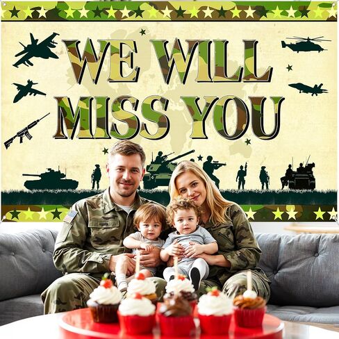 Memorial Day Banner Army Patriotic Soldier We Will Miss You Backdrop Camo Banner American Flag Military Retirement Army Going Away Party Decoration Welcome Home Sign for Veterans Independence Day Decor in Kuwait