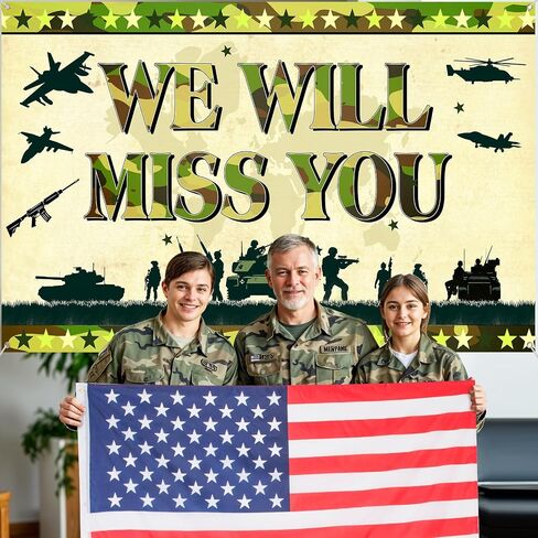 Memorial Day Banner Army Patriotic Soldier We Will Miss You Backdrop Camo Banner American Flag Military Retirement Army Going Away Party Decoration Welcome Home Sign for Veterans Independence Day Decor in Kuwait
