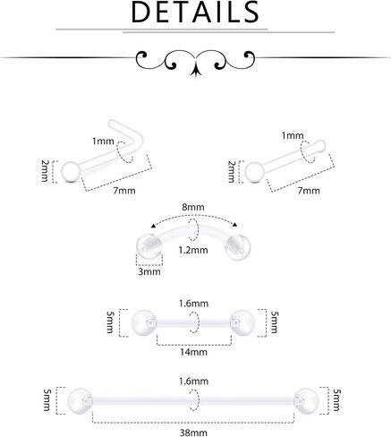 D.Bella Mix Style Clear Piercing Kit Retainer Flexible Lip Nose Eyebrow Nipple Tongue Belly Button Rings Piercing Retainer Bioflex Plastic Industrial Barbell Piercing Retainer in Saudi Arabia