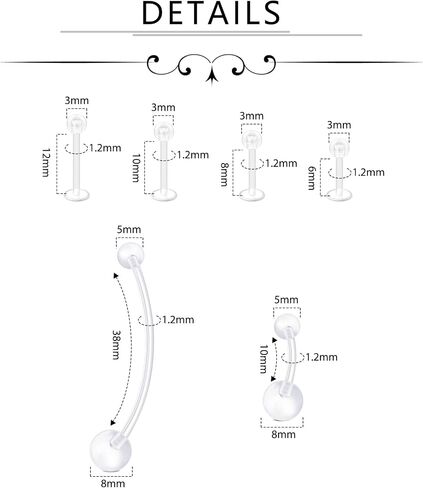 D.Bella Mix Style Clear Piercing Kit Retainer Flexible Lip Nose Eyebrow Nipple Tongue Belly Button Rings Piercing Retainer Bioflex Plastic Industrial Barbell Piercing Retainer in Saudi Arabia