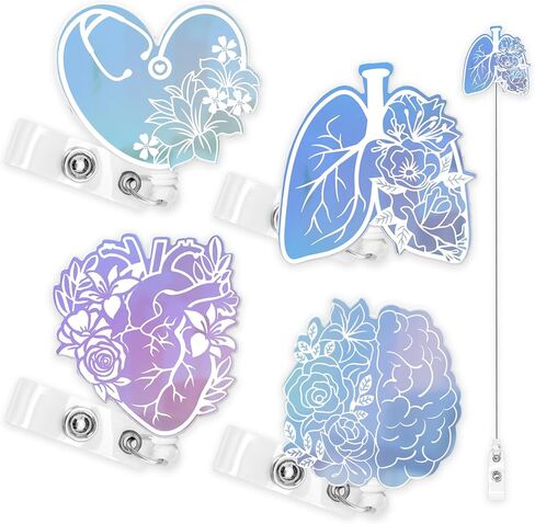 Nurse Badge Reels 4PCS Retractable Badge Holders with Alligator Clip Iridescent Heart Brain Patterns Holographic Style Cute Badge Reels for RN Nurse Doctor Student Nursing Graduation Appreciation Gift in Saudi Arabia