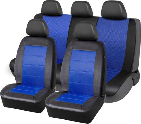 مجموعة غطاء مقعد السيارة الكاملة من PIC AUTO، أغطية مقاعد الدلو الأمامية مع مجموعة غطاء مقعد السيارة المنفصلة، ​​شبكة وجلد تناسب معظم السيارات وسيارات الدفع الرباعي والشاحنات (أسود) in Kuwait