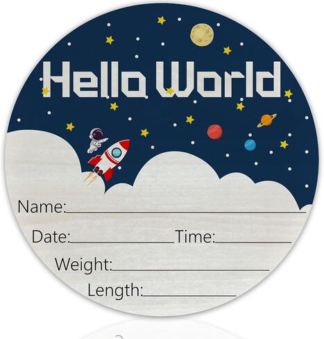Baby Announcement Sign for Newborn Boys and Girls, Hello World Newborn Sign, Nursery Wall Decor, Baby Name Sign, Cute Pink Thematic Birch Wood 6 Inch Circle Board in Kuwait