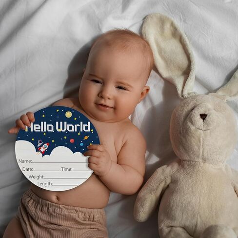 Baby Announcement Sign for Newborn Boys and Girls, Hello World Newborn Sign, Nursery Wall Decor, Baby Name Sign, Cute Pink Thematic Birch Wood 6 Inch Circle Board in Kuwait