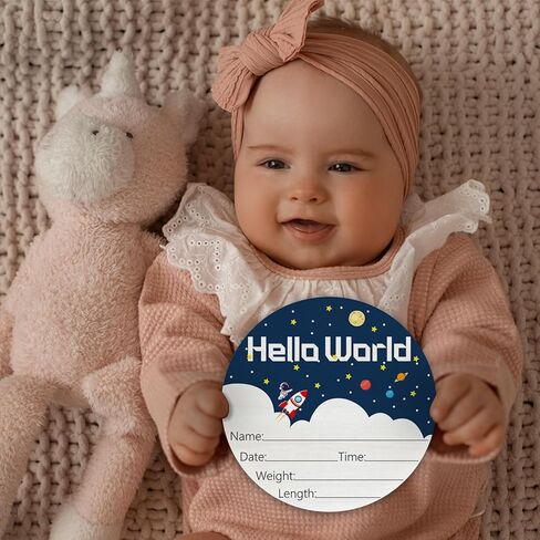 Baby Announcement Sign for Newborn Boys and Girls, Hello World Newborn Sign, Nursery Wall Decor, Baby Name Sign, Cute Pink Thematic Birch Wood 6 Inch Circle Board in Kuwait