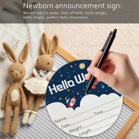 Baby Announcement Sign for Newborn Boys and Girls, Hello World Newborn Sign, Nursery Wall Decor, Baby Name Sign, Cute Pink Thematic Birch Wood 6 Inch Circle Board in Kuwait