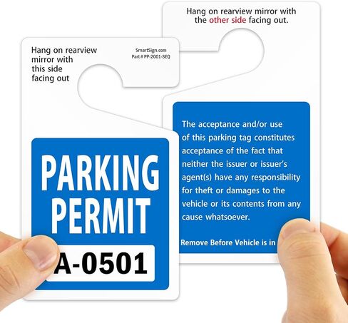 SmartSign (حزمة من 50) القياسية "تصريح وقوف السيارات" مرآة الرؤية الخلفية تعليق العلامات | 5 × 3 بوصات 35 مل من البلاستيك ، قبل مرور السيارات مرقمة للسيارات ، الأزرق ، بالأبيض والأسود ، مصنوعة في الولايات المتحدة الأمريكية in Saudi Arabia