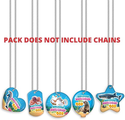2024 Scuba Vacation Bible School (VBS) Prag Tag Back. الصداقة مع الله: 100 علامة (20 علامة لكل تصميم) + 25 الولايات المتحدة الأمريكية الصنع 24 "سلاسل السلامة من الألمنيوم Hypoallergenic in Kuwait
