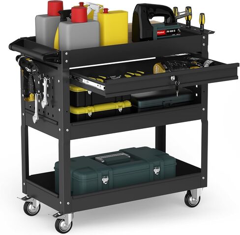3 Tier 440 LBS Rolling Tool Cart on Wheels, Heavy Duty Utility Cart with Drawers, Screwdriver Rack, Pegboard, Service Cart for Mechanics, Garage, Warehouse, Workshop (Black) in Saudi Arabia