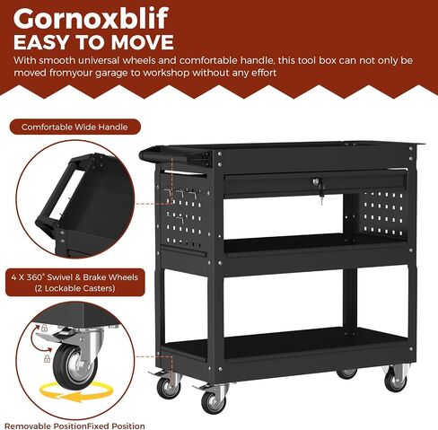 3 Tier 440 LBS Rolling Tool Cart on Wheels, Heavy Duty Utility Cart with Drawers, Screwdriver Rack, Pegboard, Service Cart for Mechanics, Garage, Warehouse, Workshop (Black) in Saudi Arabia