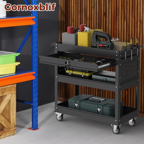 3 Tier 440 LBS Rolling Tool Cart on Wheels, Heavy Duty Utility Cart with Drawers, Screwdriver Rack, Pegboard, Service Cart for Mechanics, Garage, Warehouse, Workshop (Black) in Saudi Arabia