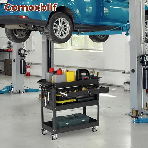 3 Tier 440 LBS Rolling Tool Cart on Wheels, Heavy Duty Utility Cart with Drawers, Screwdriver Rack, Pegboard, Service Cart for Mechanics, Garage, Warehouse, Workshop (Black) in Saudi Arabia