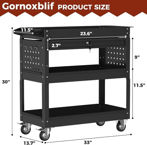 3 Tier 440 LBS Rolling Tool Cart on Wheels, Heavy Duty Utility Cart with Drawers, Screwdriver Rack, Pegboard, Service Cart for Mechanics, Garage, Warehouse, Workshop (Black) in Saudi Arabia
