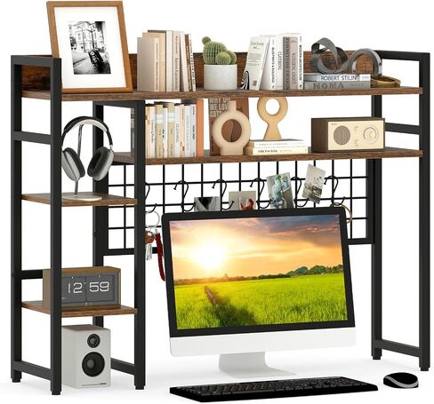 Giantex Desktop Reshelflesh ، 37 "Desk Shelf لما يصل إلى 32" شاشات كمبيوتر ، و 4 Tier Desktop Display Rack مع 6 خطافات متحركة ، ومجموعات مضادة للتصوير ، وقفص المكتب الخشبي للمكتب المنزلي (الأسود) in Saudi Arabia