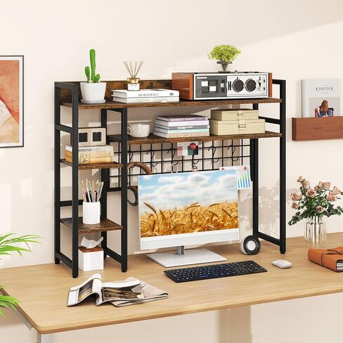 Giantex Desktop Reshelflesh ، 37 "Desk Shelf لما يصل إلى 32" شاشات كمبيوتر ، و 4 Tier Desktop Display Rack مع 6 خطافات متحركة ، ومجموعات مضادة للتصوير ، وقفص المكتب الخشبي للمكتب المنزلي (الأسود) in Saudi Arabia