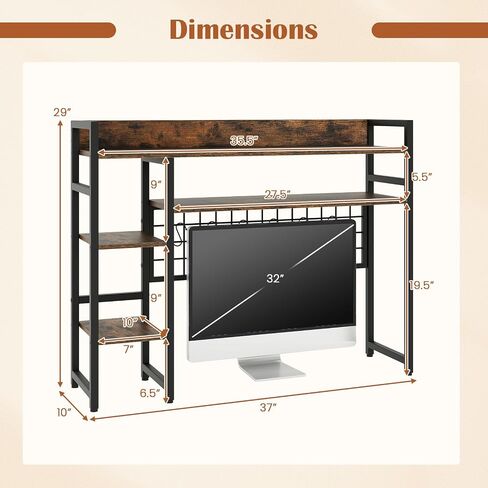 Giantex Desktop Reshelflesh ، 37 "Desk Shelf لما يصل إلى 32" شاشات كمبيوتر ، و 4 Tier Desktop Display Rack مع 6 خطافات متحركة ، ومجموعات مضادة للتصوير ، وقفص المكتب الخشبي للمكتب المنزلي (الأسود) in Saudi Arabia