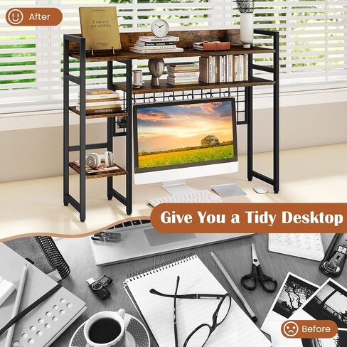 Giantex Desktop Reshelflesh ، 37 "Desk Shelf لما يصل إلى 32" شاشات كمبيوتر ، و 4 Tier Desktop Display Rack مع 6 خطافات متحركة ، ومجموعات مضادة للتصوير ، وقفص المكتب الخشبي للمكتب المنزلي (الأسود) in Saudi Arabia