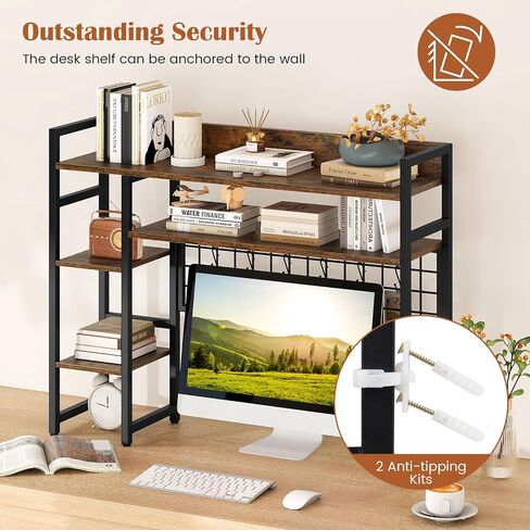 Giantex Desktop Reshelflesh ، 37 "Desk Shelf لما يصل إلى 32" شاشات كمبيوتر ، و 4 Tier Desktop Display Rack مع 6 خطافات متحركة ، ومجموعات مضادة للتصوير ، وقفص المكتب الخشبي للمكتب المنزلي (الأسود) in Saudi Arabia