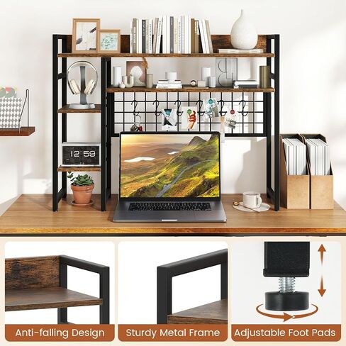 Giantex Desktop Reshelflesh ، 37 "Desk Shelf لما يصل إلى 32" شاشات كمبيوتر ، و 4 Tier Desktop Display Rack مع 6 خطافات متحركة ، ومجموعات مضادة للتصوير ، وقفص المكتب الخشبي للمكتب المنزلي (الأسود) in Saudi Arabia