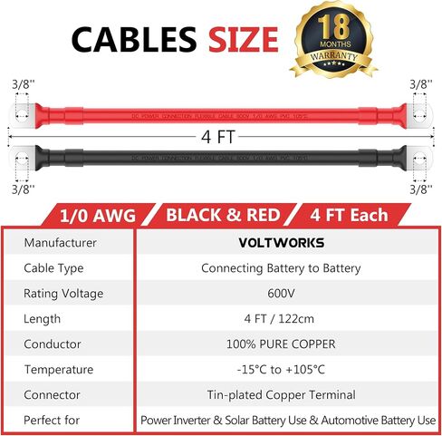VOLTWORKS 2 AWG Gauge Red + Black Pure Copper Battery Inverter Cables Solar, RV, Car, Boat 4ft 3/8 in Lugs in Saudi Arabia