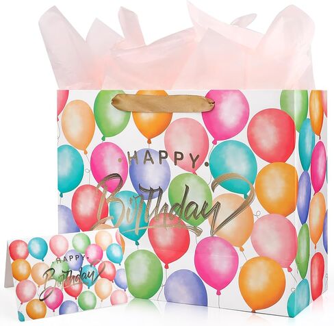 13" Large Happy Birthday Gift Bag with Tissue Paper and Card,Colorful Happy Birthday Gift Bag Set with Handles for Girls Kids Women,Colorful Balloon Design with Handles in Saudi Arabia