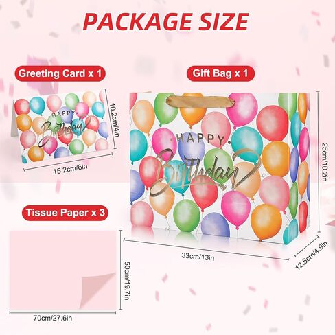 13" Large Happy Birthday Gift Bag with Tissue Paper and Card,Colorful Happy Birthday Gift Bag Set with Handles for Girls Kids Women,Colorful Balloon Design with Handles in Saudi Arabia