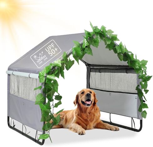 Dog Shade Shlter Outdoor, Dog House Tent for Small Large Dogs, Outside Sun Rain Canopy Pet House for Dogs/Cats, Pet Tent with Mesh Windows, 47.2 X 47.2x37.8 inches, Grey in Saudi Arabia