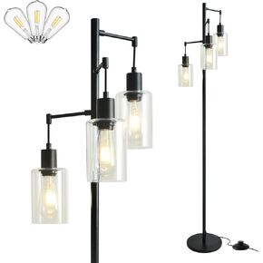 3-Lights Floor Lamp with On/Off Foot Switch, Farmhouse Glass Floor Lamp Tall Pole Lamp for Living Room Bedroom Office, Industrial Black Tree Standing Lamp, LED 3 Bulbs Included